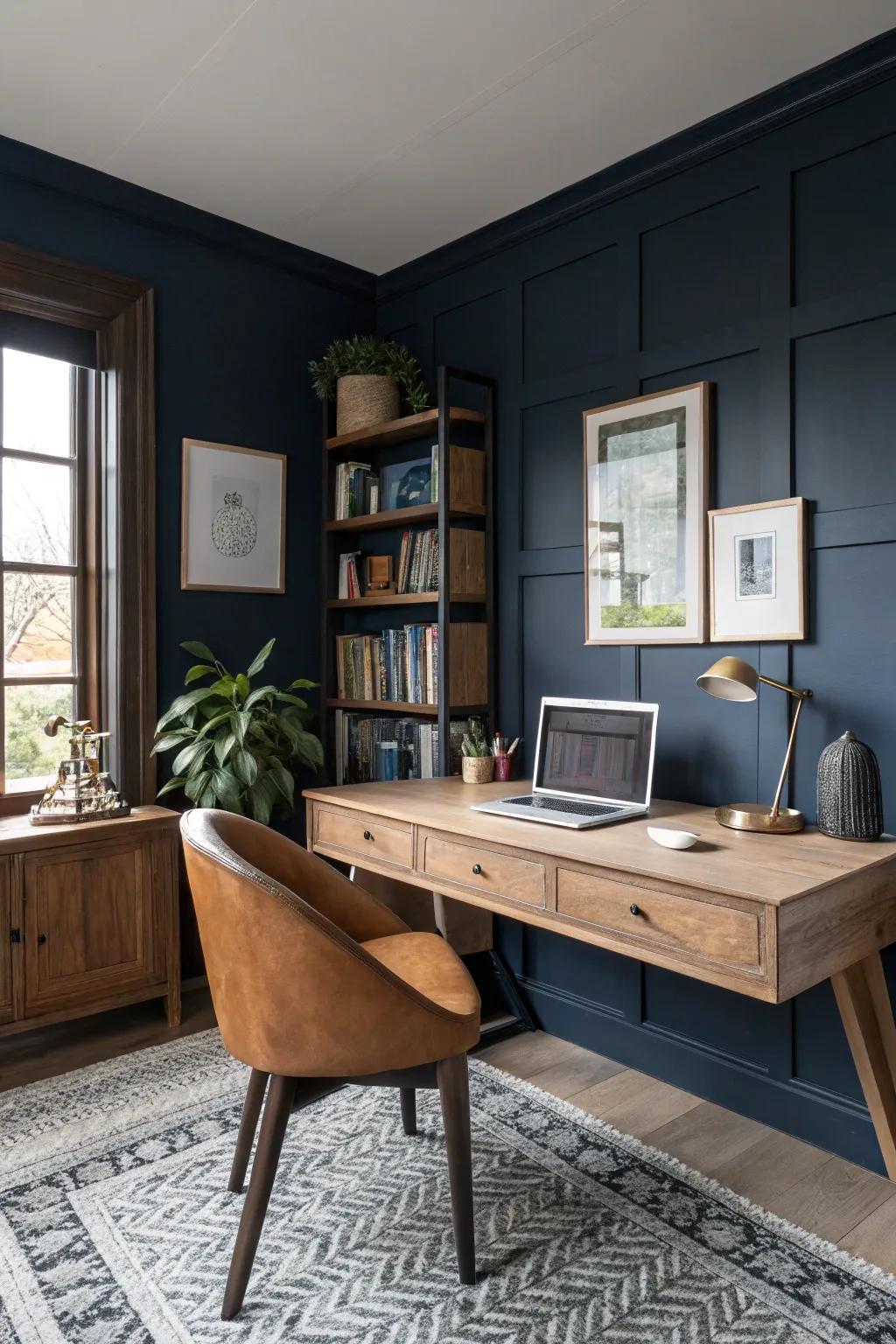 Deep navy walls paired with a sleek wooden desk create a calming workspace.