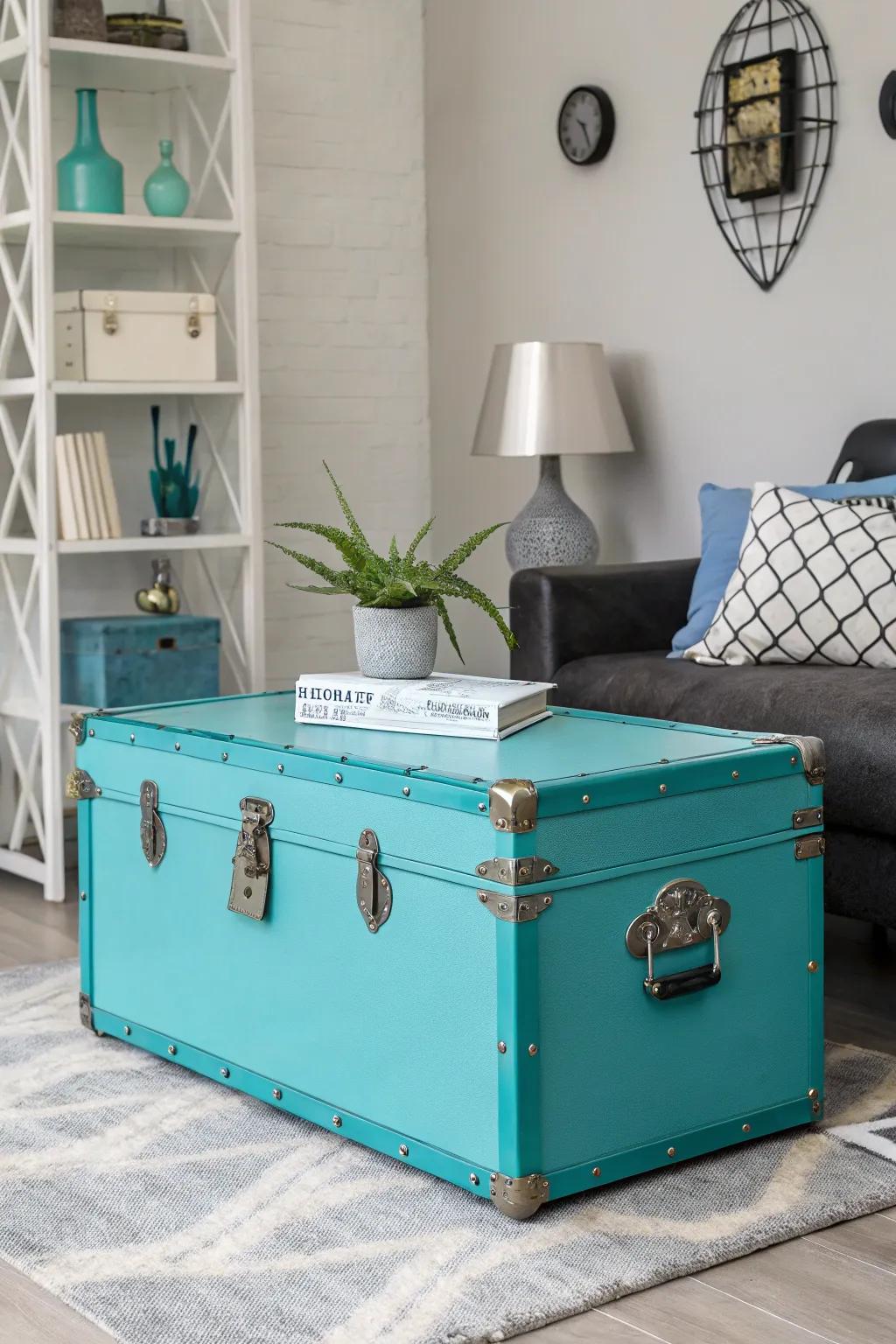 A bold turquoise trunk adds a pop of color to any space.