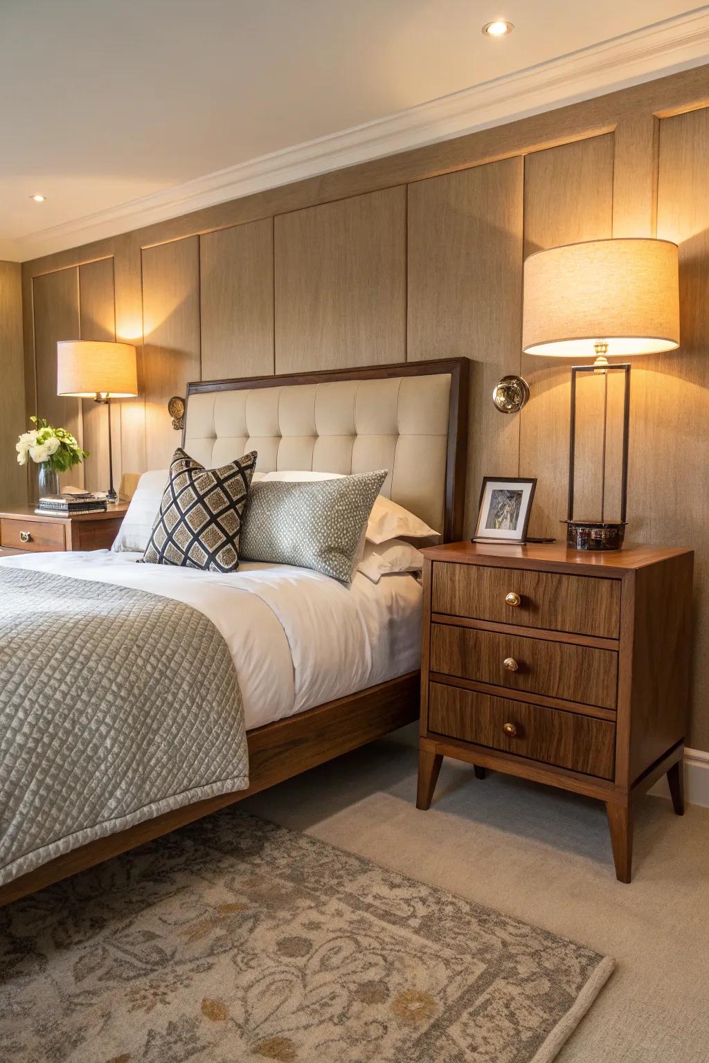 A mid-century modern bedroom featuring a striking walnut headboard and sleek oak bedside tables.