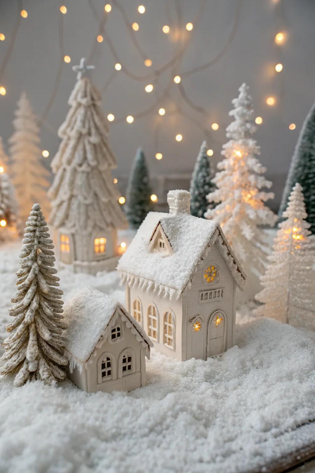 A snow-blanketed mini Christmas village scene.