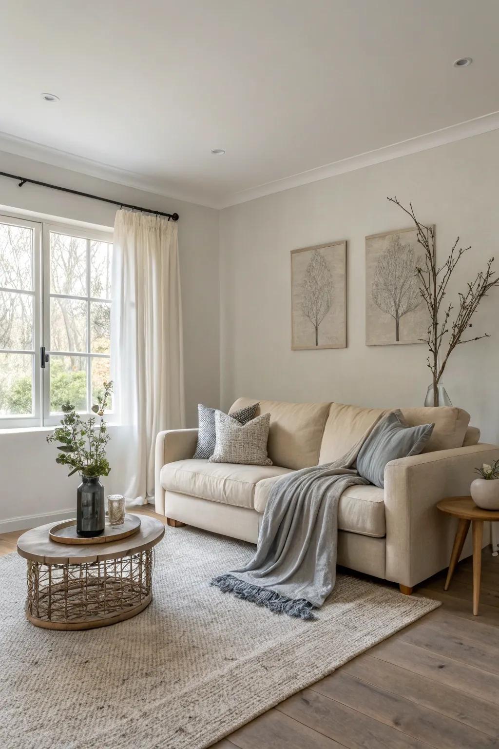 A minimalist living room with a soothing neutral color palette.