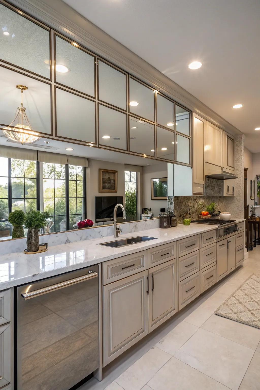 A kitchen with a mirrored backsplash that adds depth and brightness.