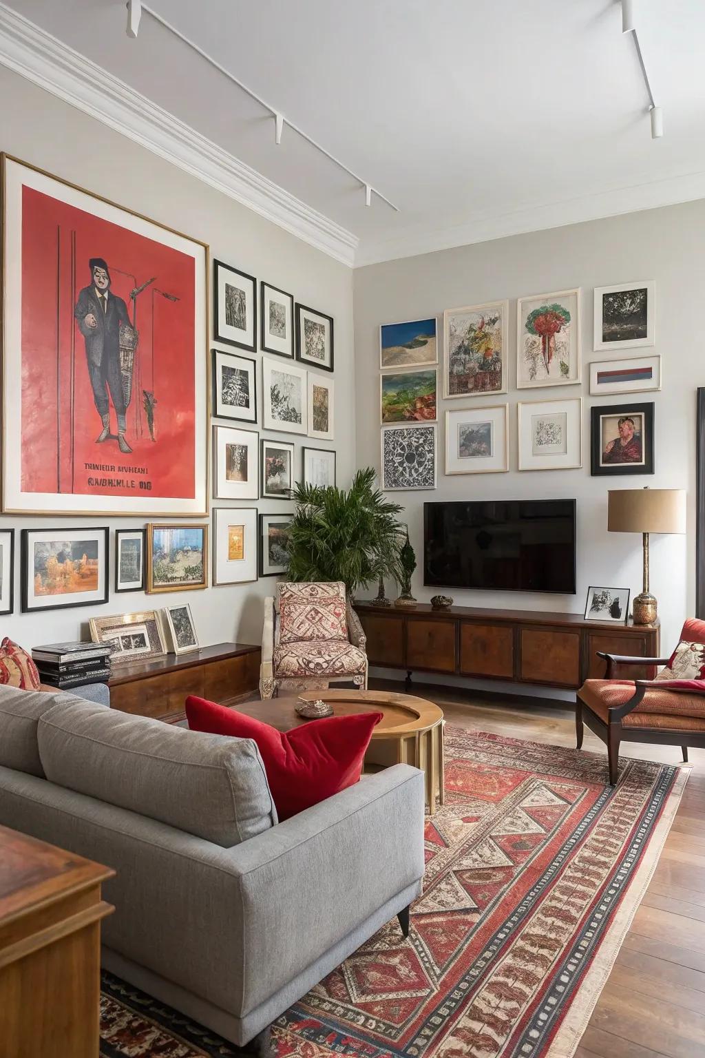 A gallery wall anchored by a bold statement piece.