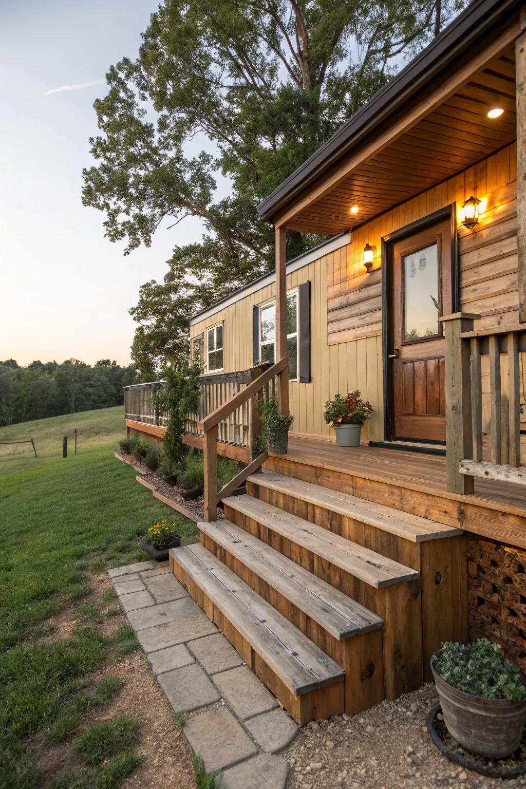 Rustic wooden skirting adds warmth and charm to any mobile home.