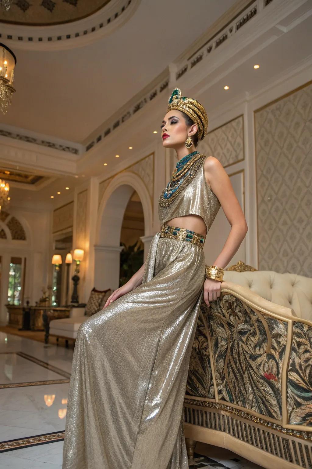 A modern take on Cleopatra with glamorous metallic accents.