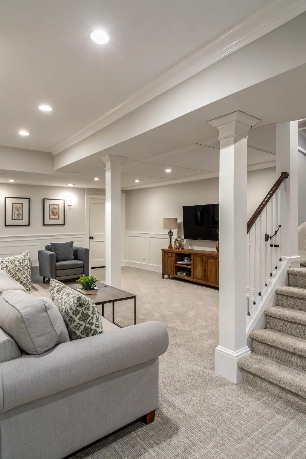 Neutral tones create a versatile foundation in your modern basement.