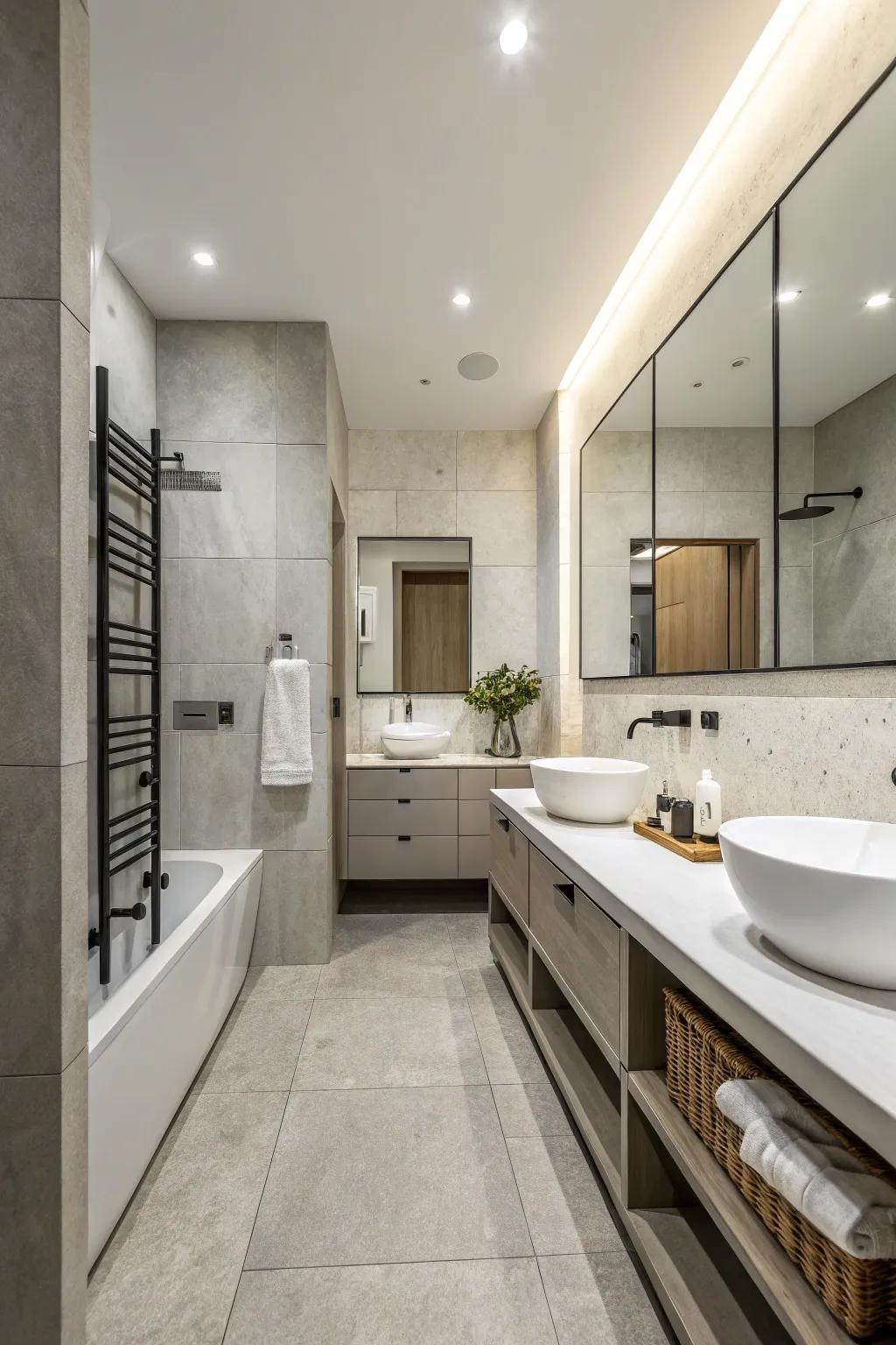 A modern bathroom showcasing a serene neutral color palette.