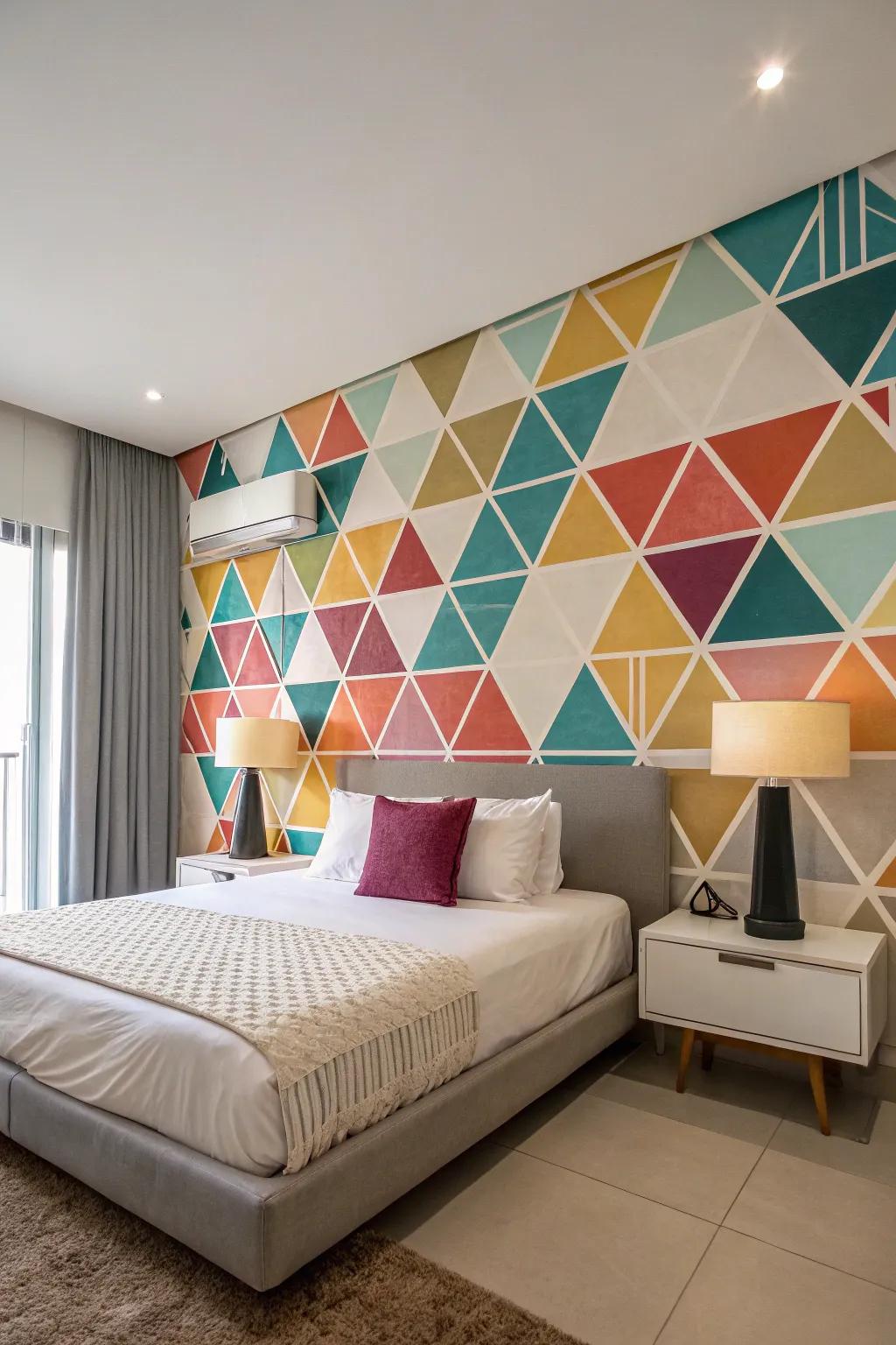 Geometric patterns bring a vibrant and artistic flair to your bedroom.