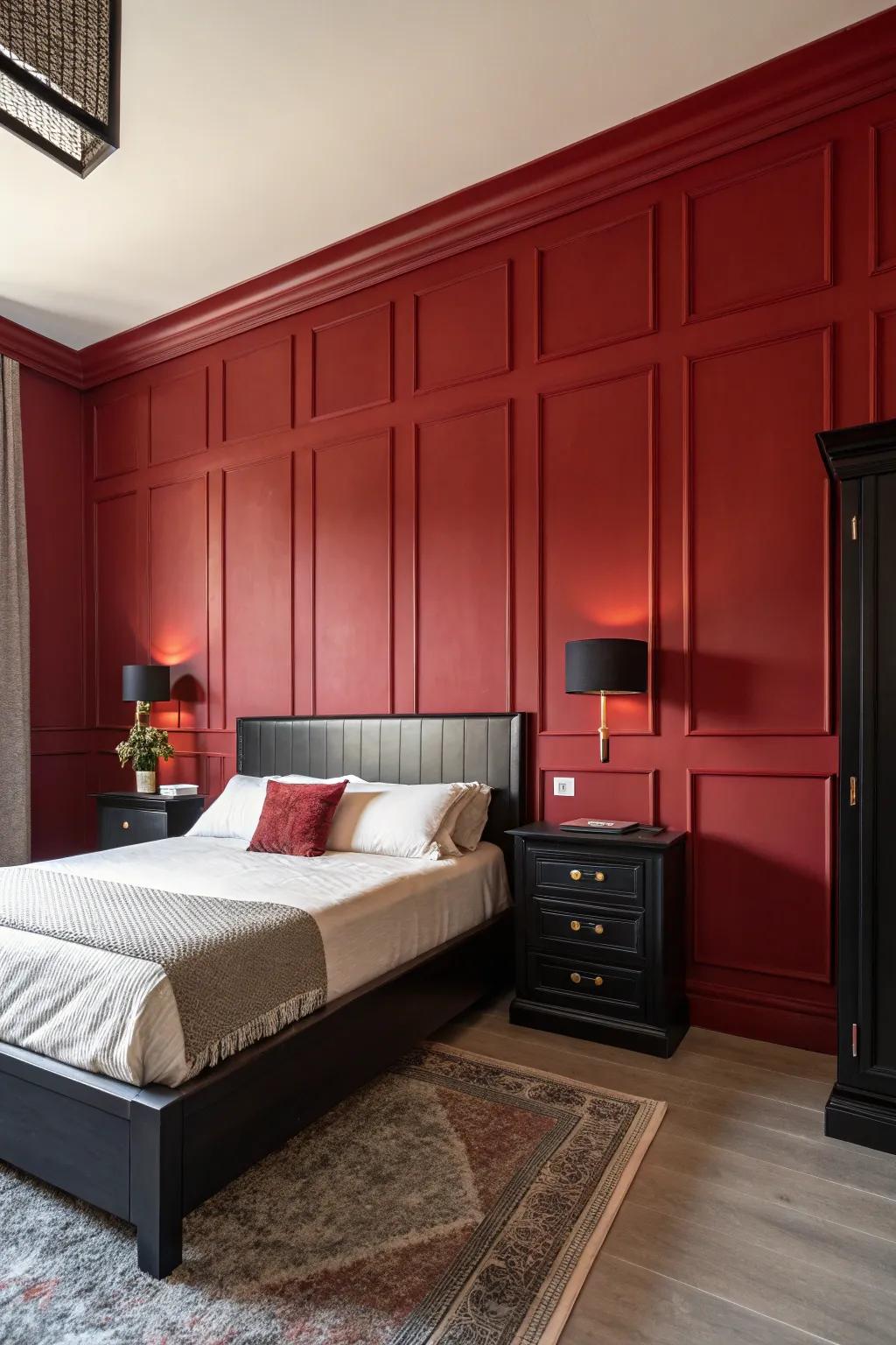 A stunning deep red accent wall in a modern bedroom.