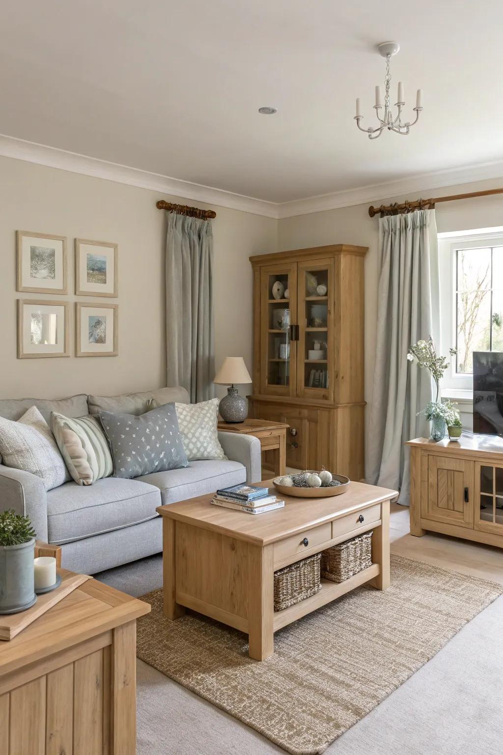 A serene living room with a neutral color palette setting the perfect modern farmhouse tone.