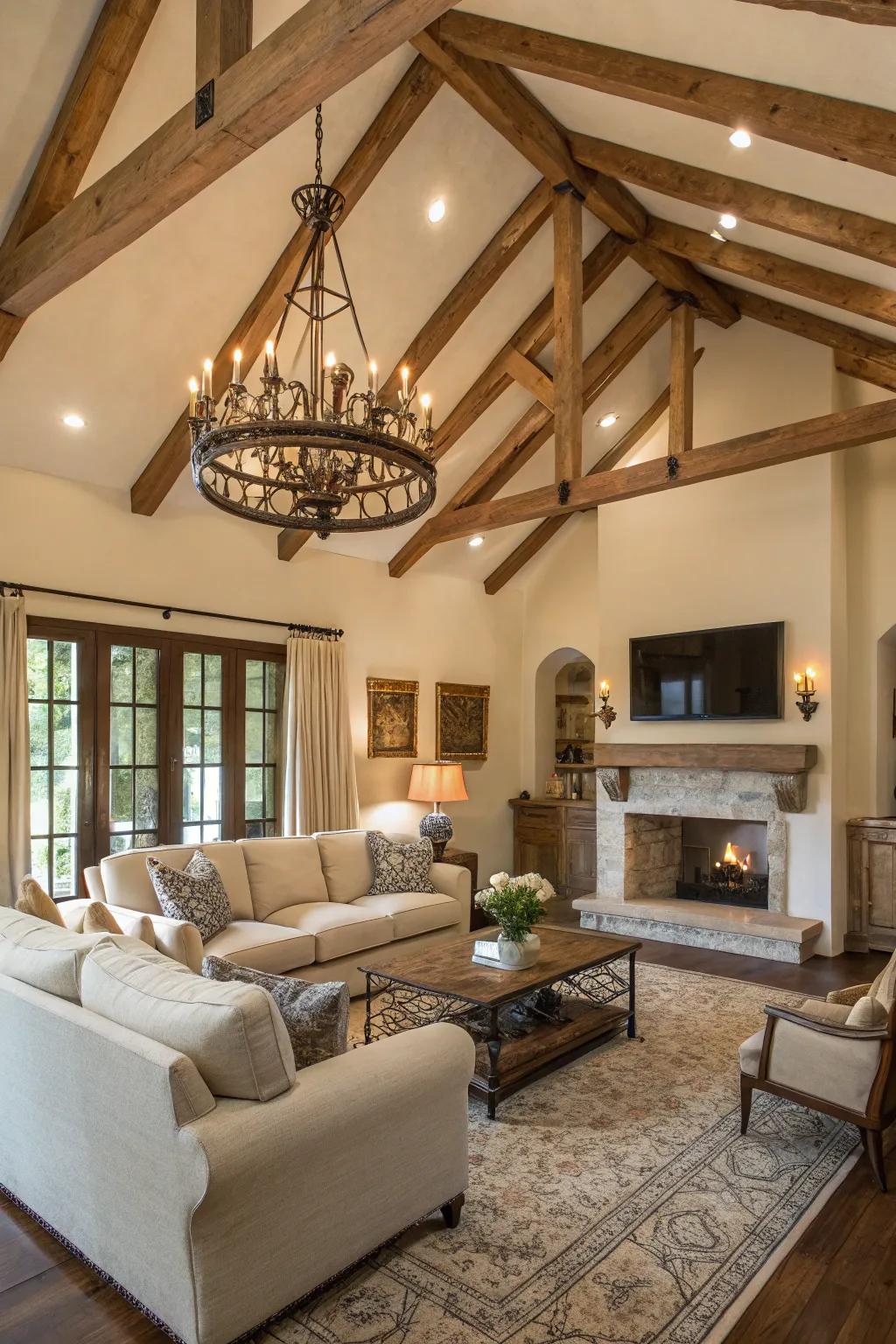 Exposed wooden beams add structural beauty and rustic charm to the living space.