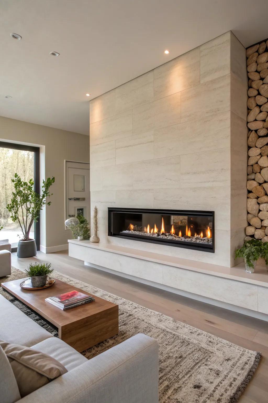 A linear fireplace seamlessly integrated into a minimalist living room wall.