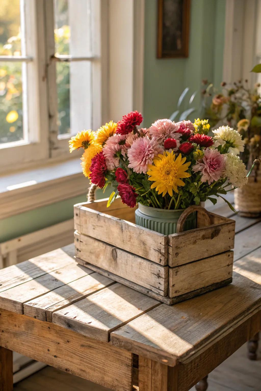 A wooden crate used as a unique container for a vibrant flower arrangement.