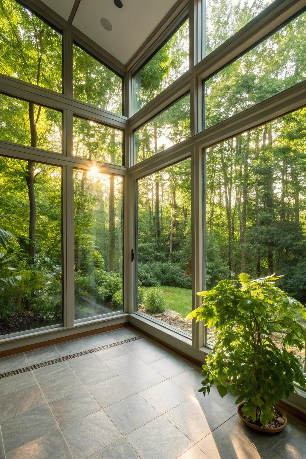 Sunlight streams into a modern sunroom, creating a warm and inviting atmosphere.