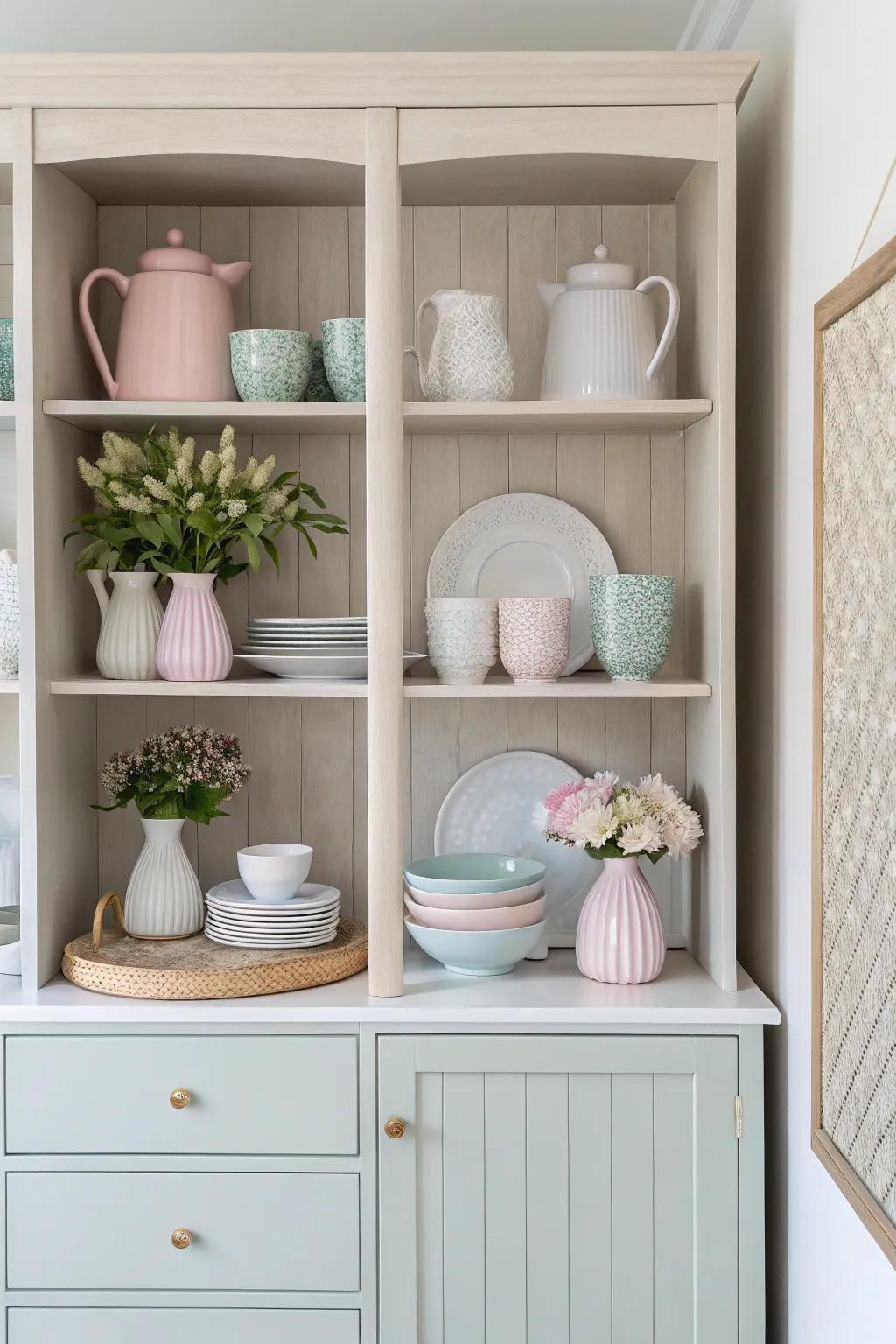Neutral and pastel hues create a serene and stylish hutch display.