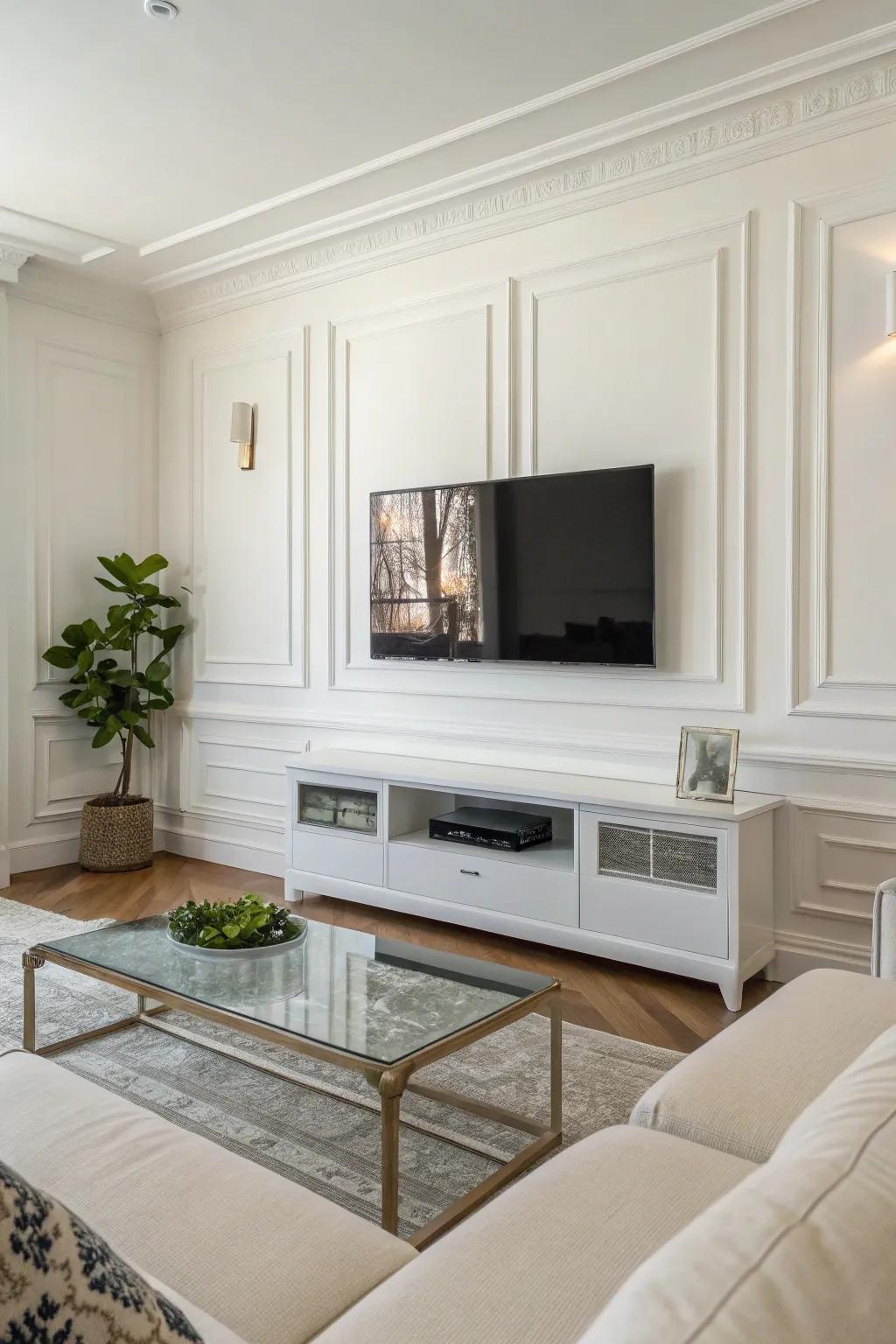 A wall-mounted TV creates a sleek and minimalist look.