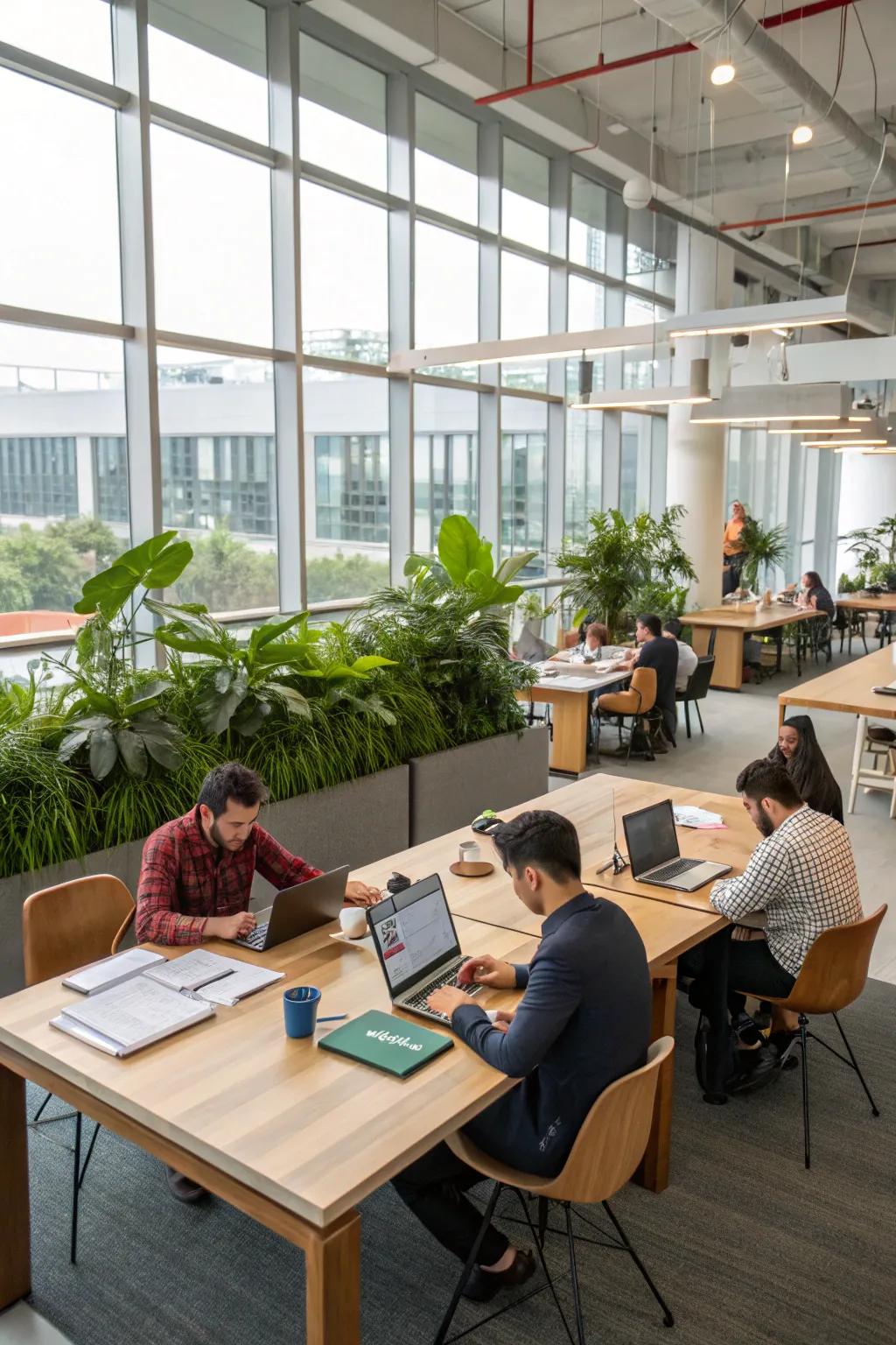 An open office layout featuring collaborative workspaces with a large communal table.