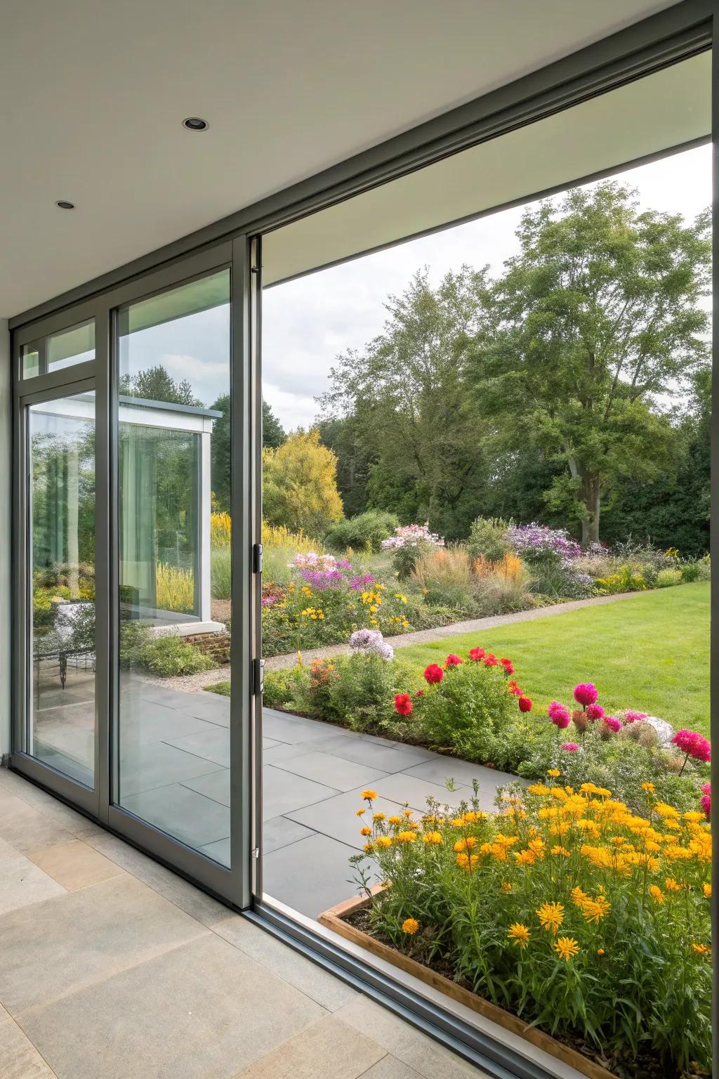 Floor-to-ceiling glass doors providing a panoramic garden view.