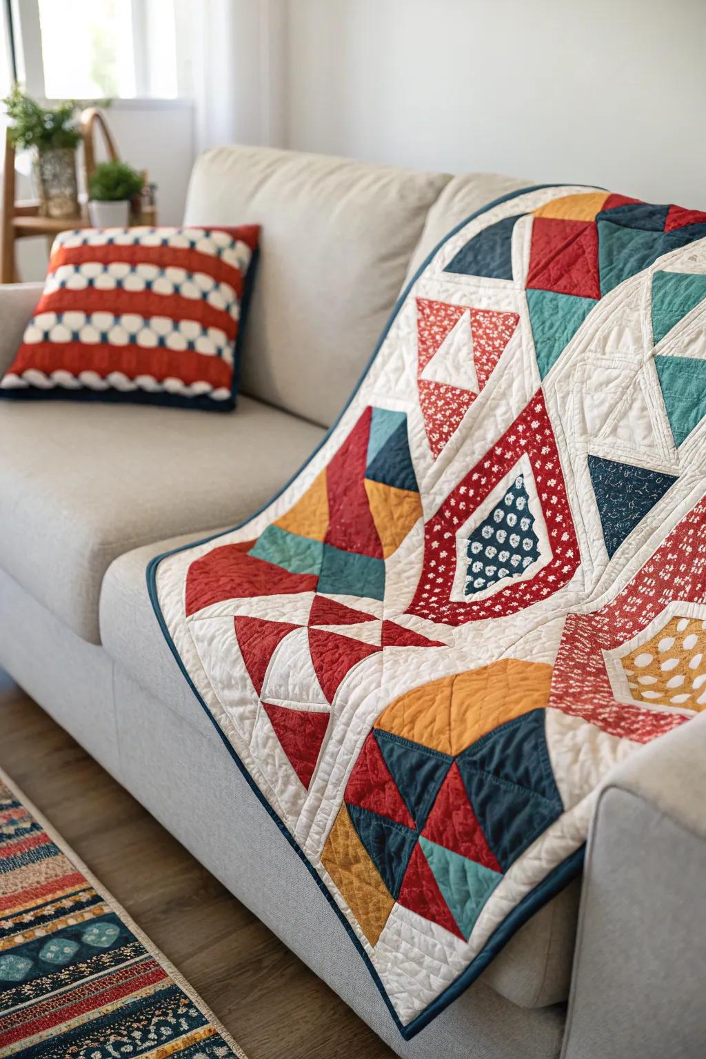 Geometric quilts add a dynamic and stylish element to modern living spaces.