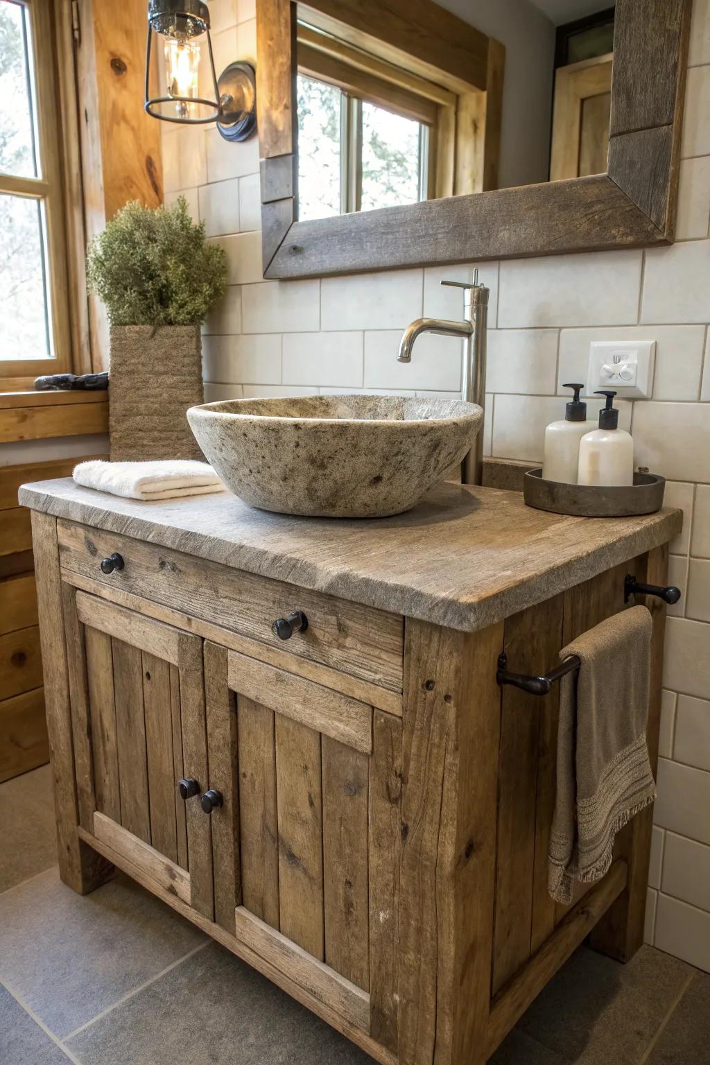 A reclaimed wooden vanity paired with modern fixtures for a perfect rustic feel.