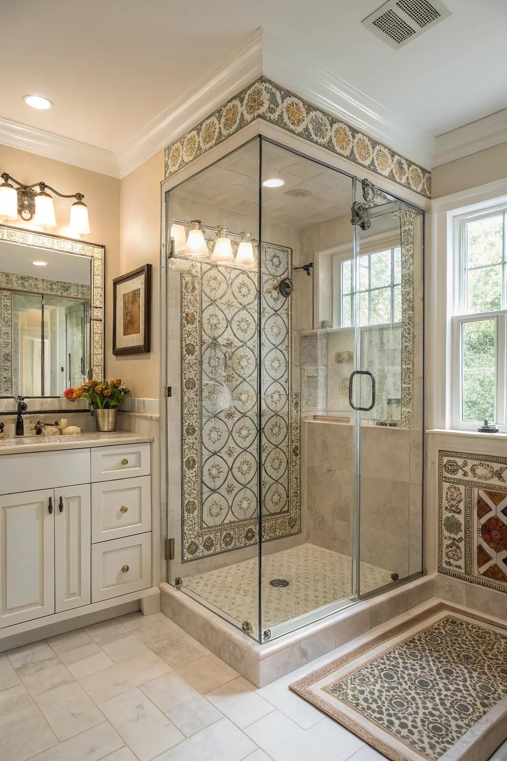 A glass-enclosed shower showcasing intricate tilework and abundant natural light.