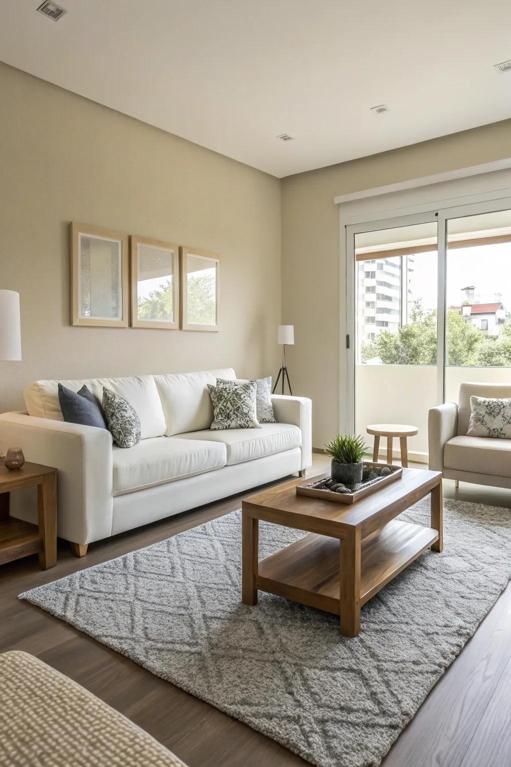 A small living room featuring neutral colors and sleek furniture for a spacious feel.