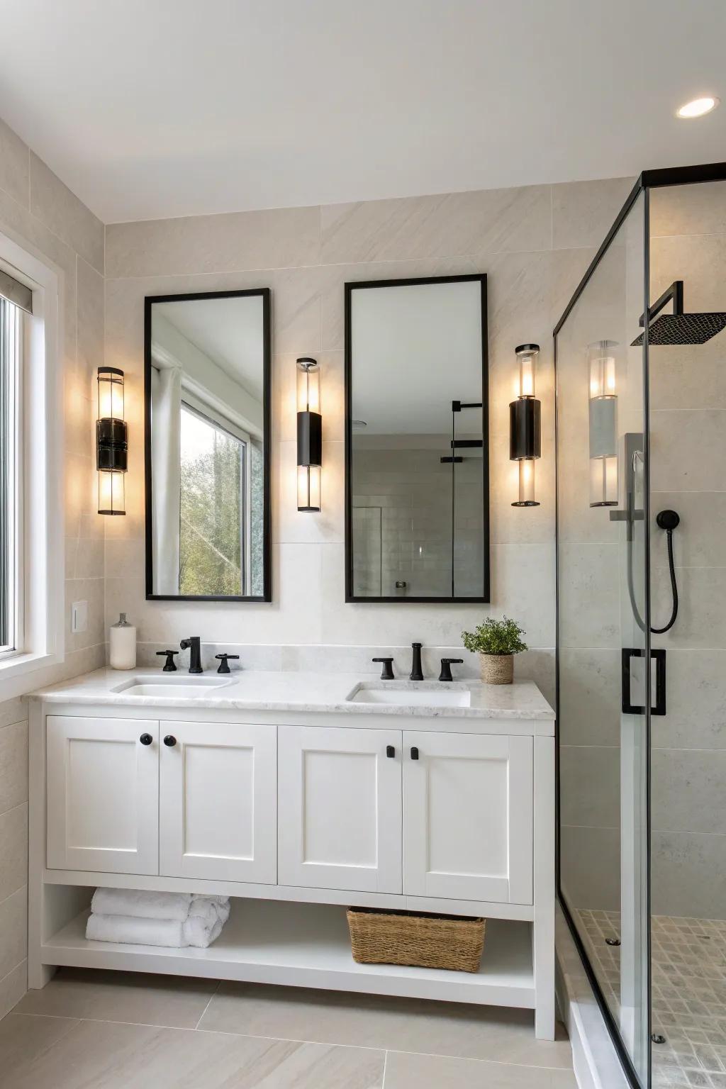 Sleek wall sconces in a modern bathroom setting.