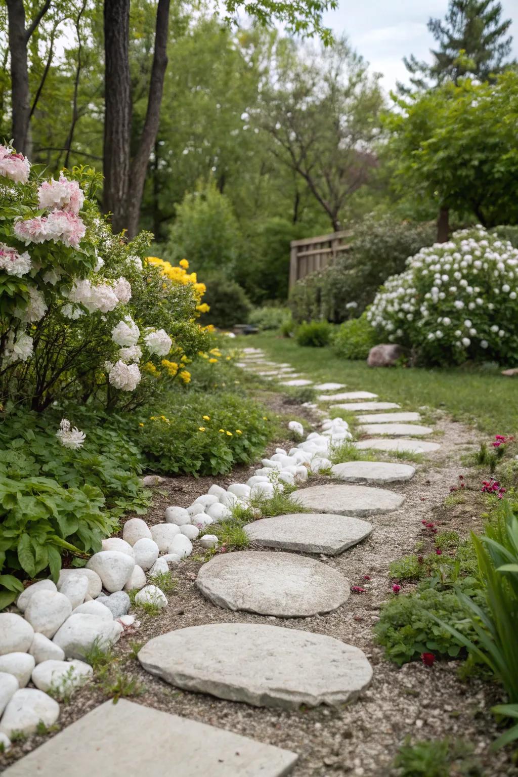 A charming garden pathway made of white rocks and stepping stones, inviting exploration.