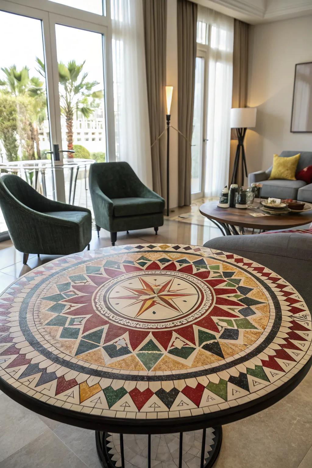 A round mosaic table featuring bold geometric patterns adds modern flair to any room.