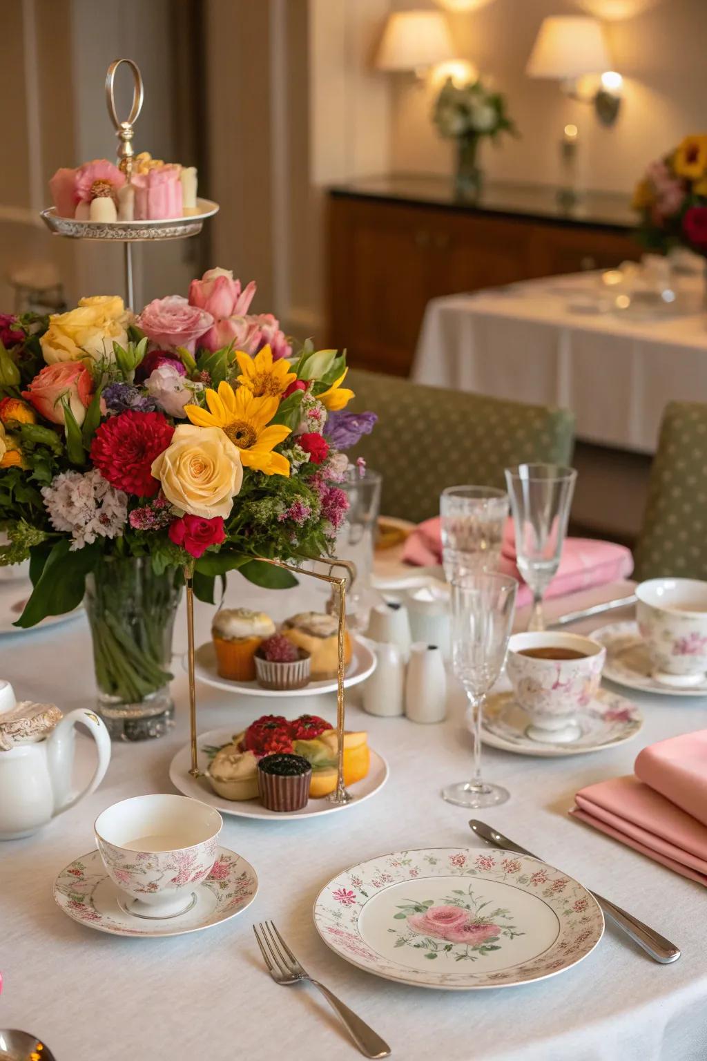 Floral centerpieces bring a touch of elegance and freshness to your tea table.