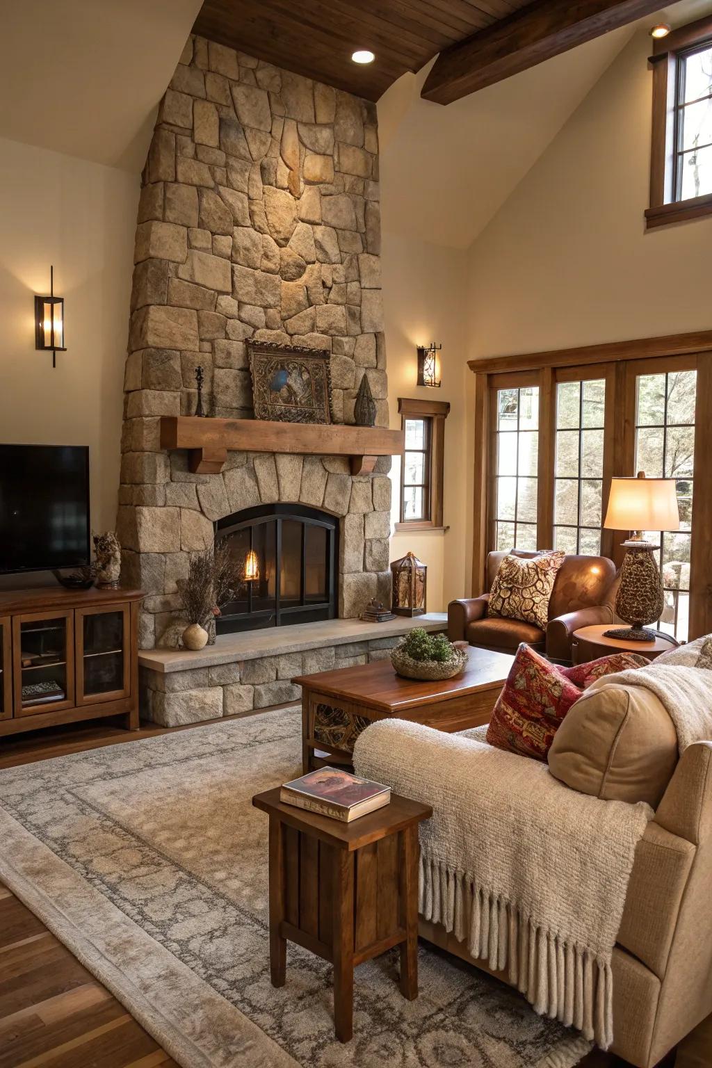 An inviting living room centered around a magnificent stone fireplace.