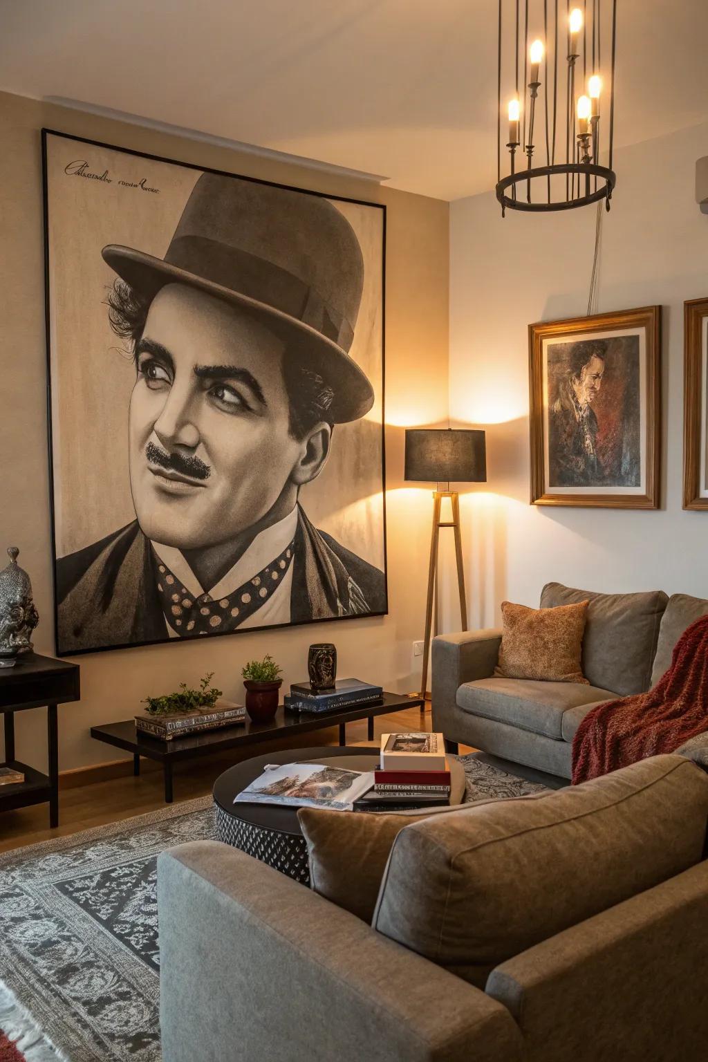 A living room featuring a large stylized portrait of a classic film character.