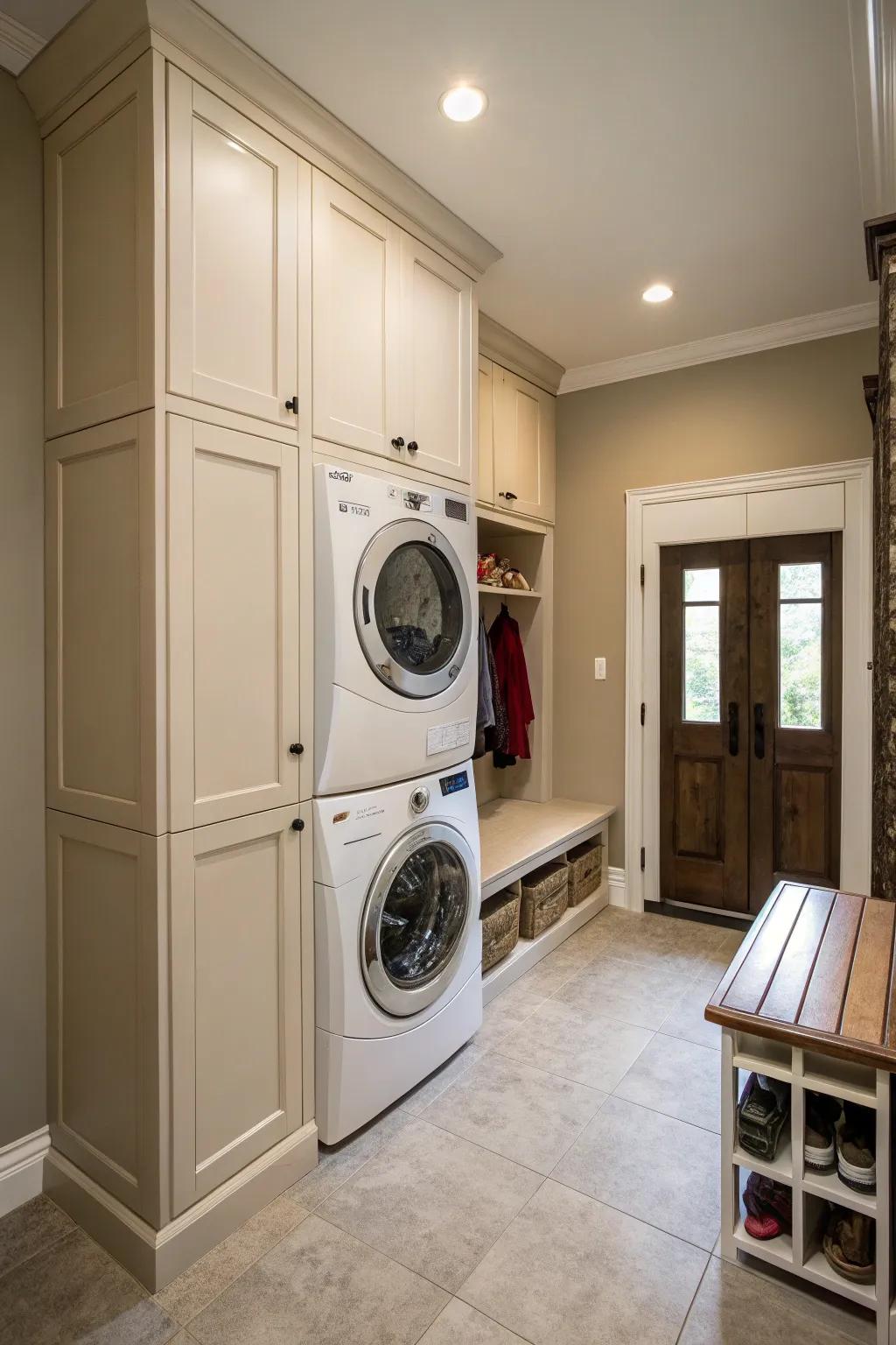 Stacked appliances create space for extra storage in a compact mudroom.