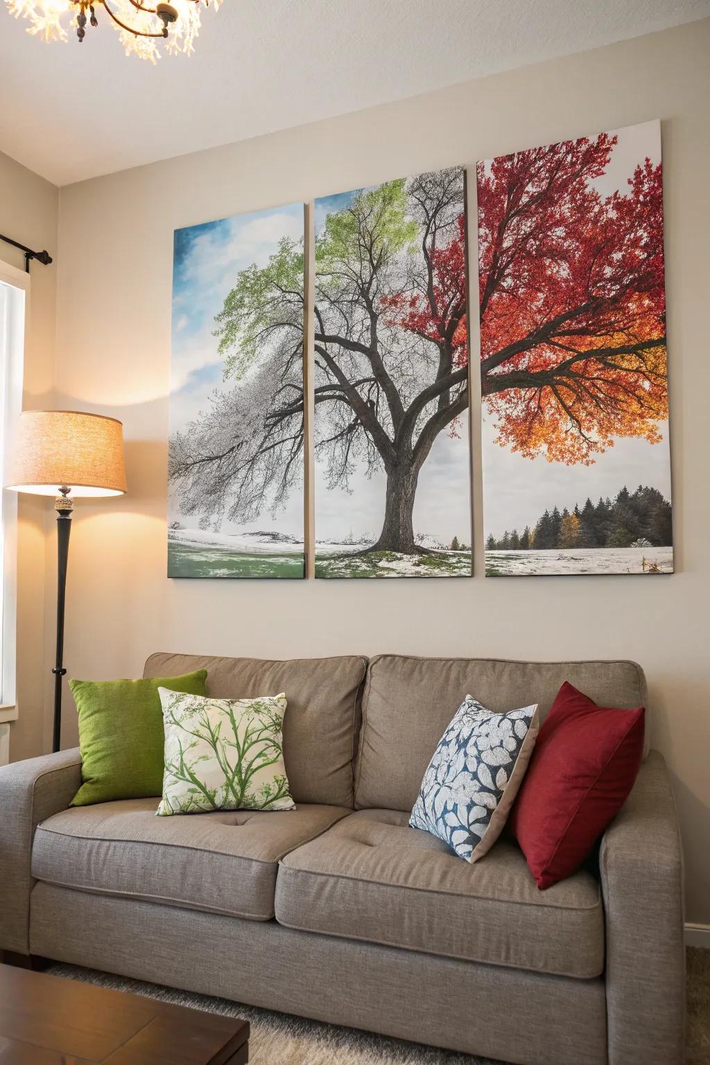 A multi-canvas artwork capturing the beauty of a tree through the seasons, adding a touch of nature to the room.