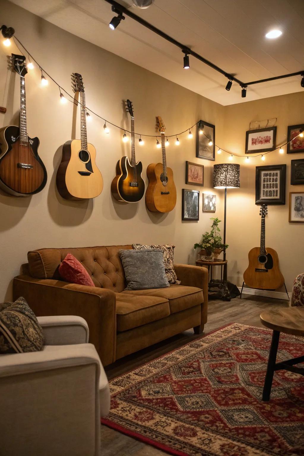 Guitars displayed as art pieces create an inspiring music room.