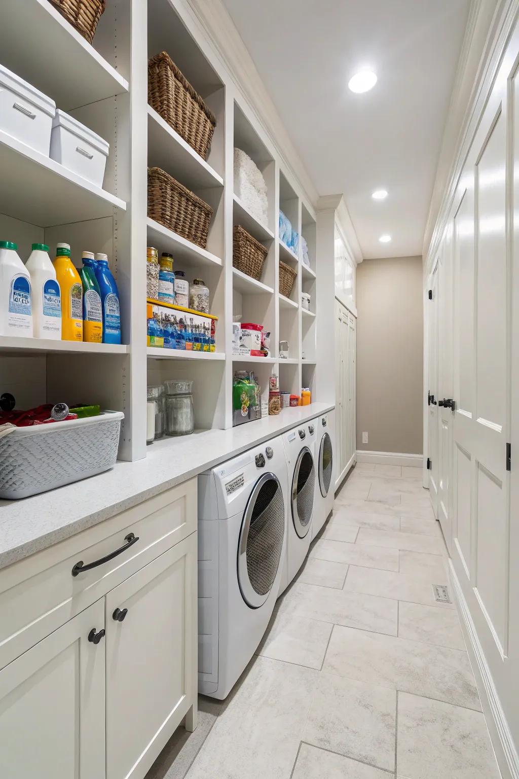 Utilize vertical storage to keep your laundry essentials organized and within easy reach.