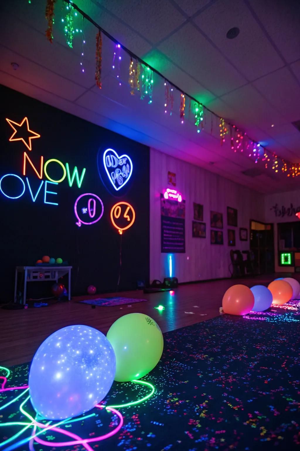 A room transformed by blacklights, highlighting glowing neon decorations for a magical party atmosphere.