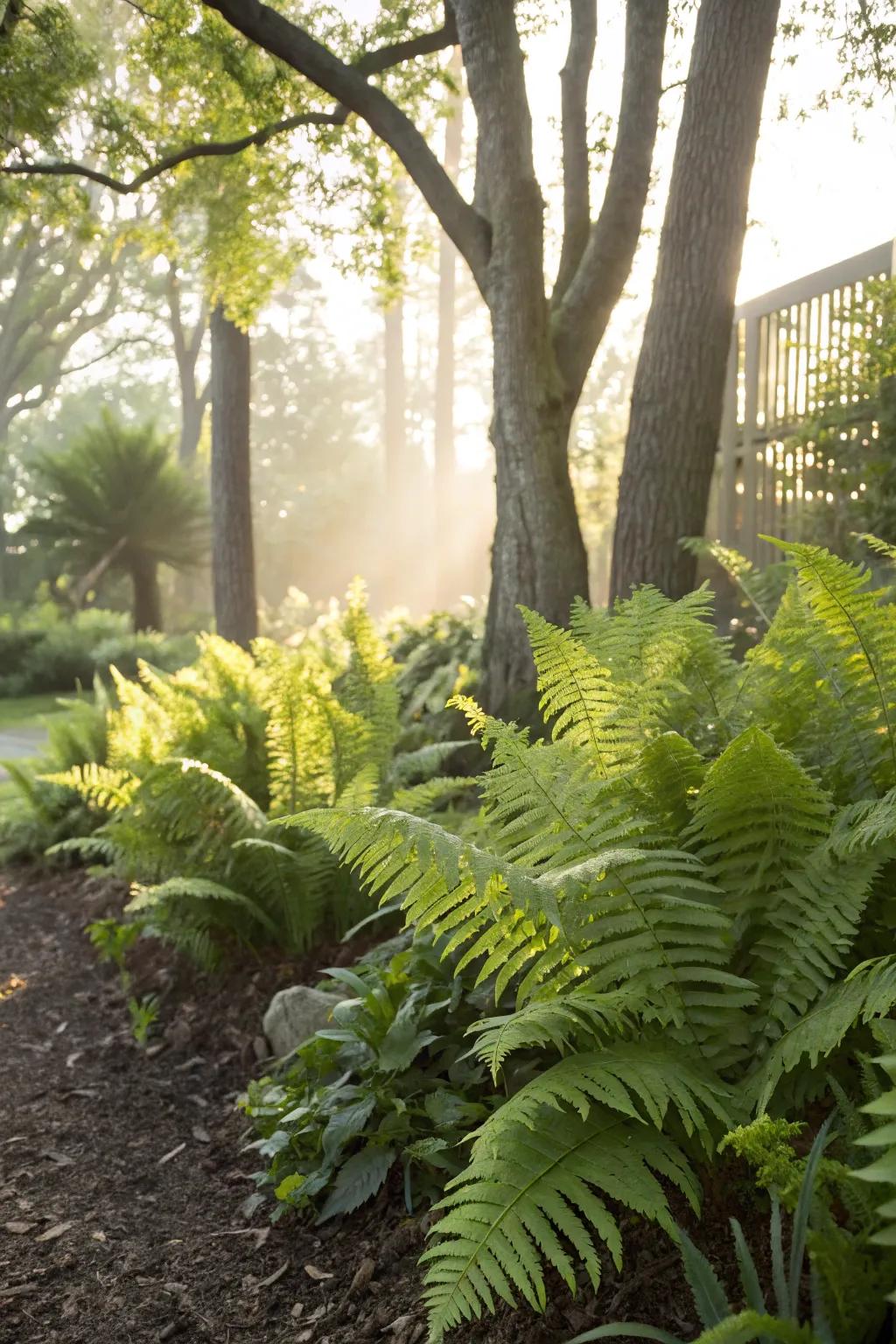 A variety of ferns creating texture in a shaded garden corner.