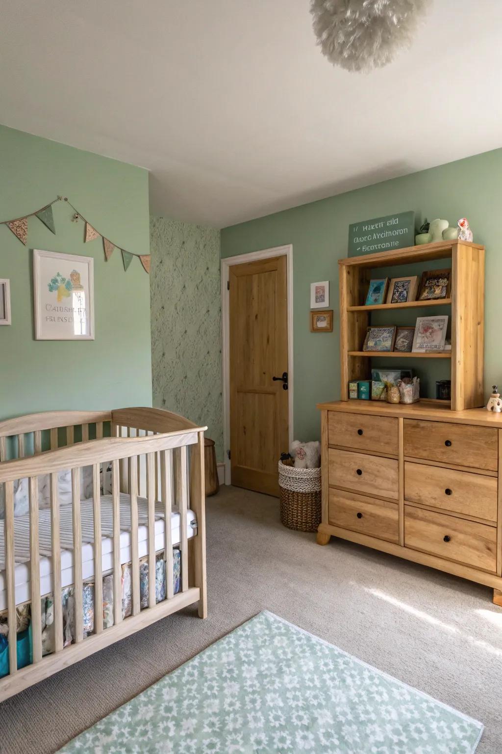 A nursery in soft sage green, creating a peaceful atmosphere.