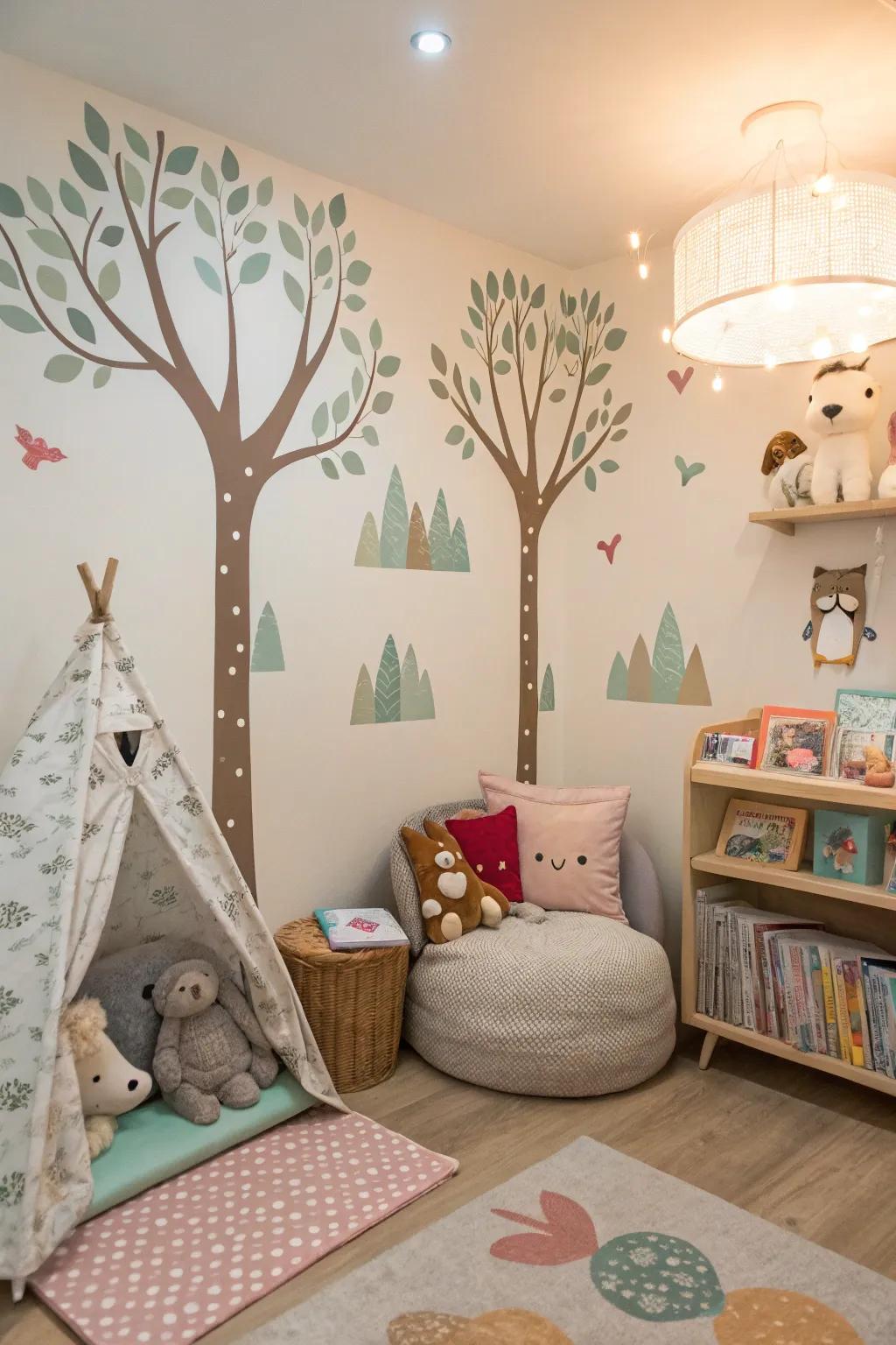 An enchanting fairy tale forest-themed nursery with woodland charm.