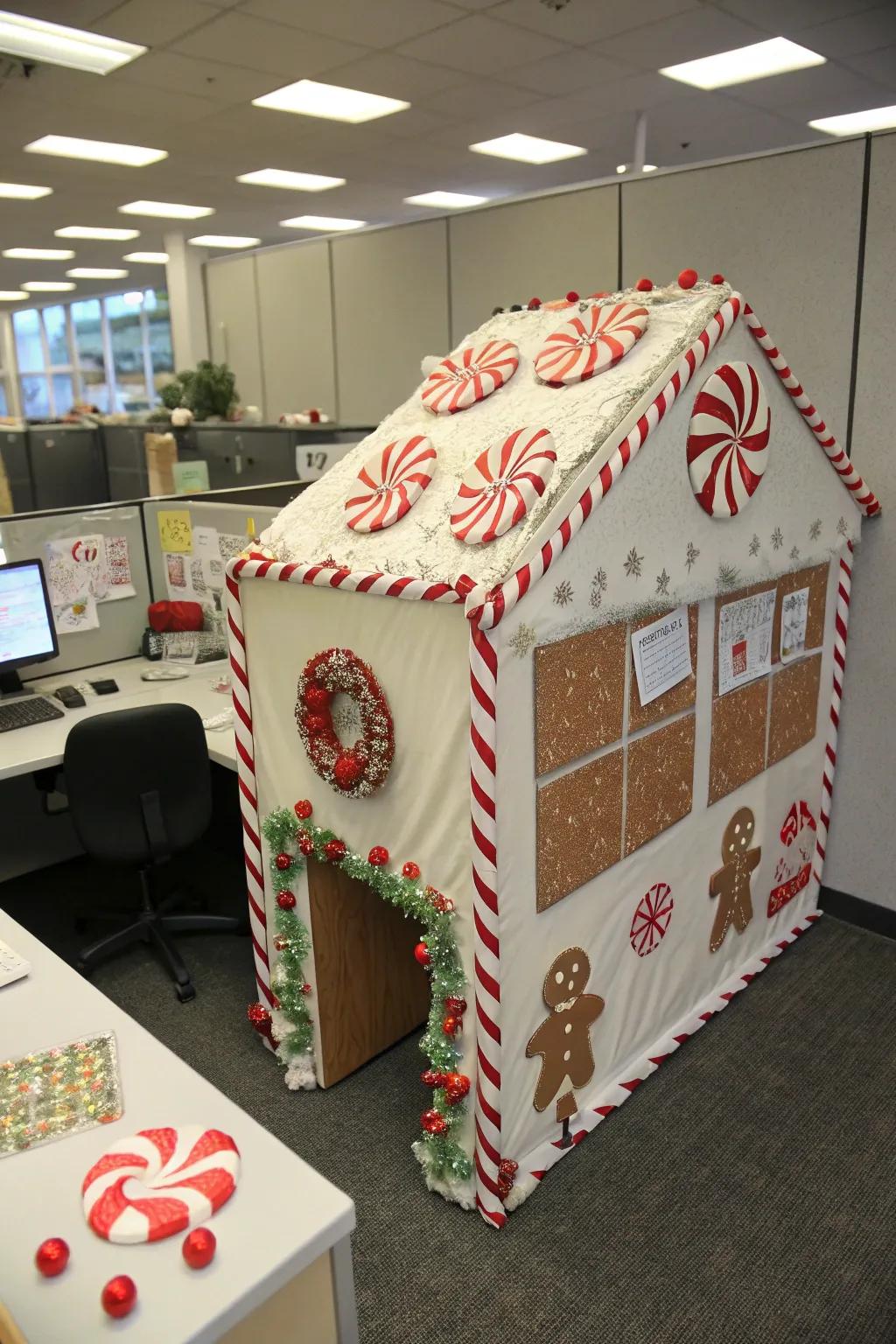 Cubicles transformed into gingerbread houses make a sweet impression.