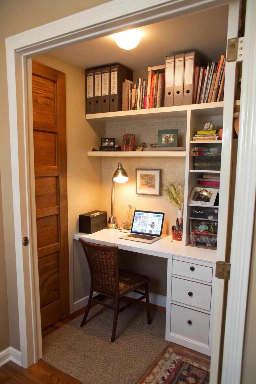 A small closet can become a perfect hidden workspace with the right setup.