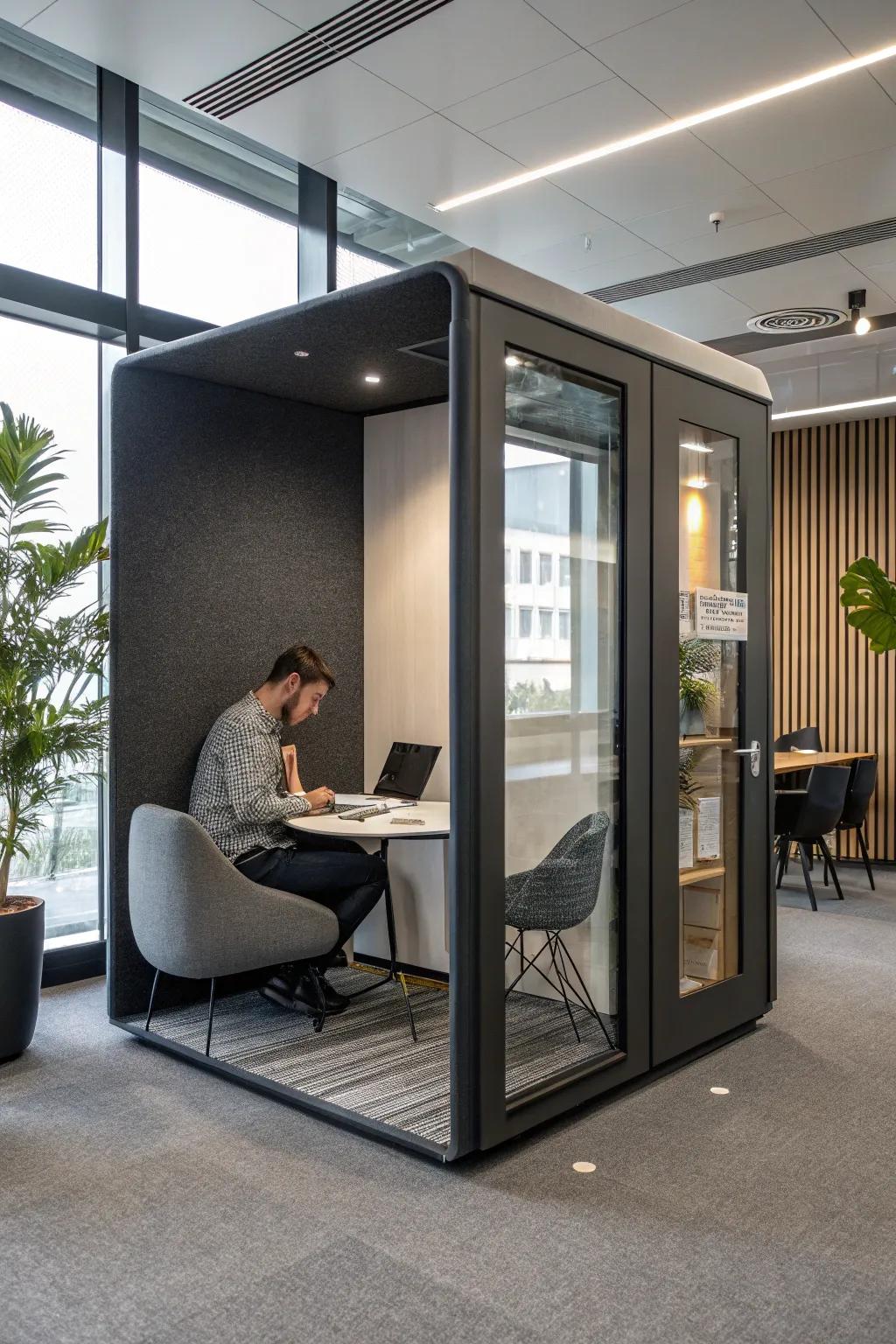 Acoustic pods provide a peaceful escape for focused work.