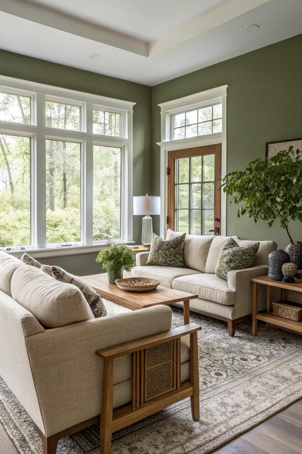 A cozy living room enhanced by olive green walls.