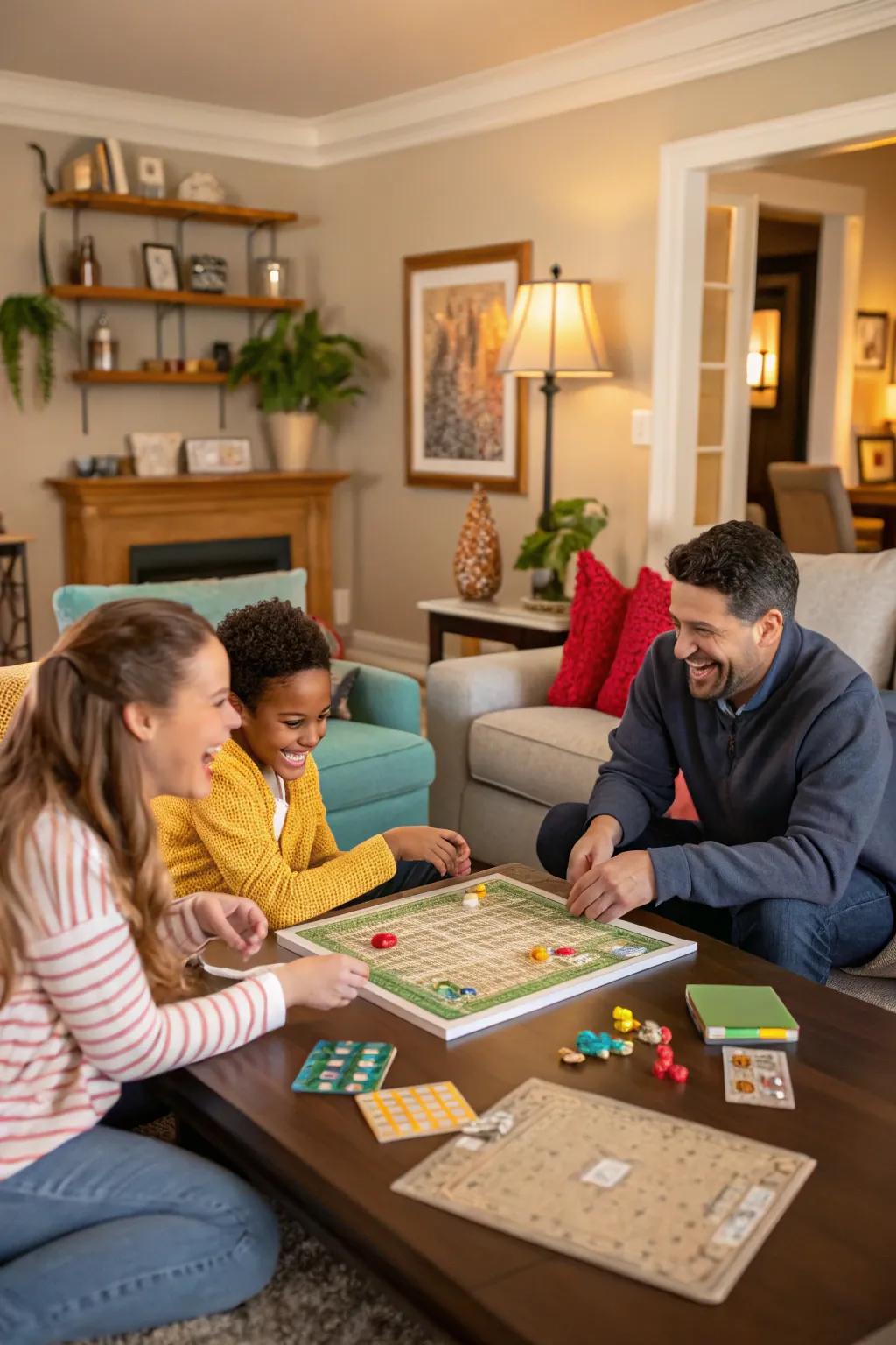 A family immersed in the joy of a board game night.