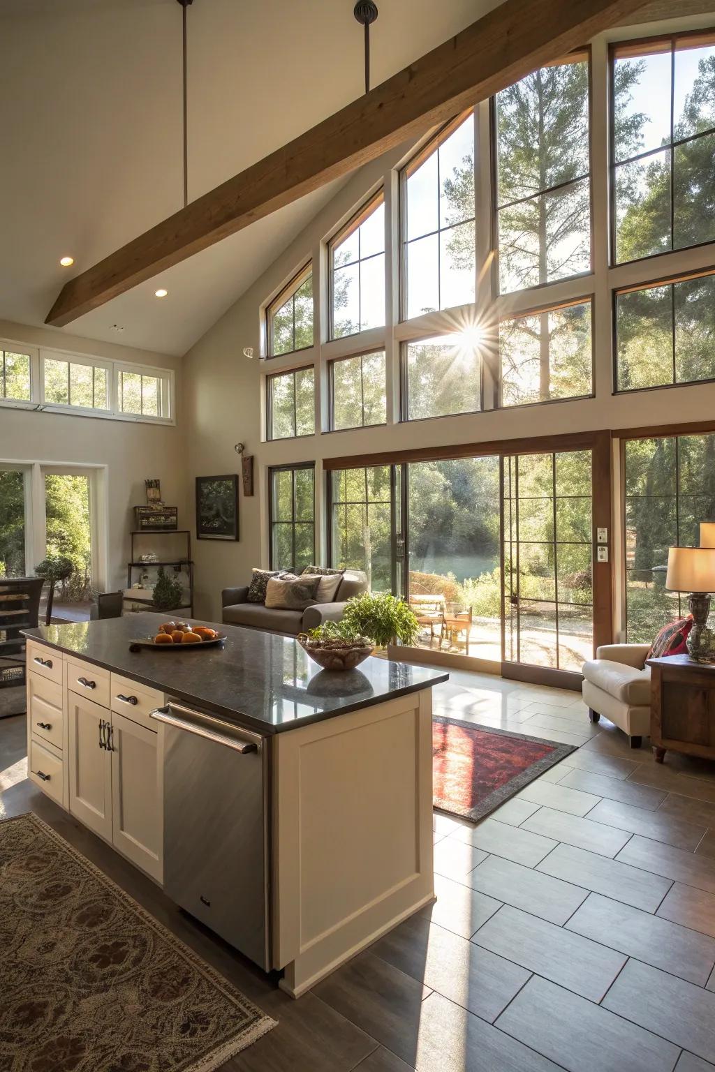 Natural light pouring into an open concept kitchen and living room.