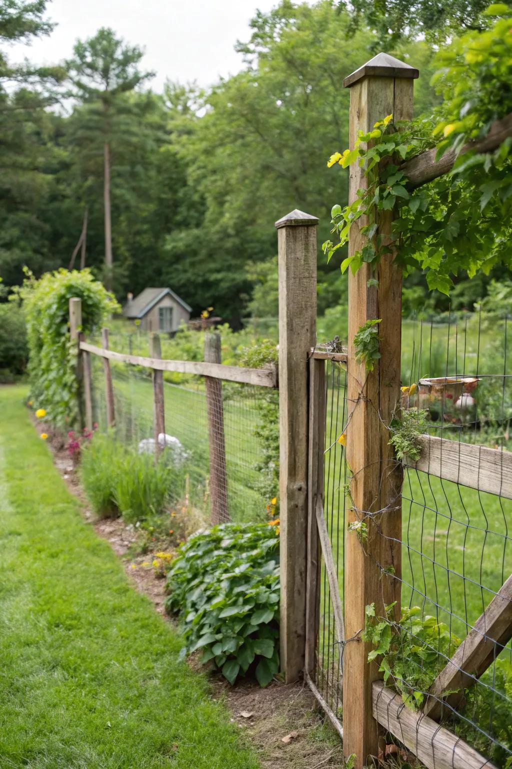 A perfect blend of wood and wire mesh for a rustic modern fence.