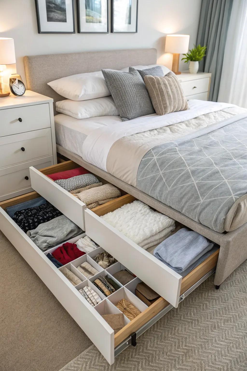 Maximize bedroom space with clever under-bed storage solutions.