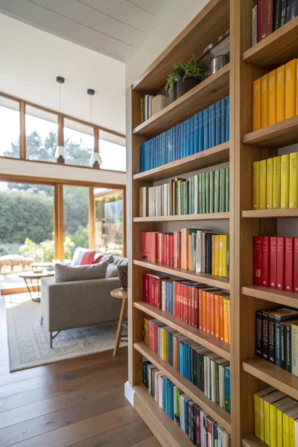 Color-coded books transform shelves into a vibrant focal point