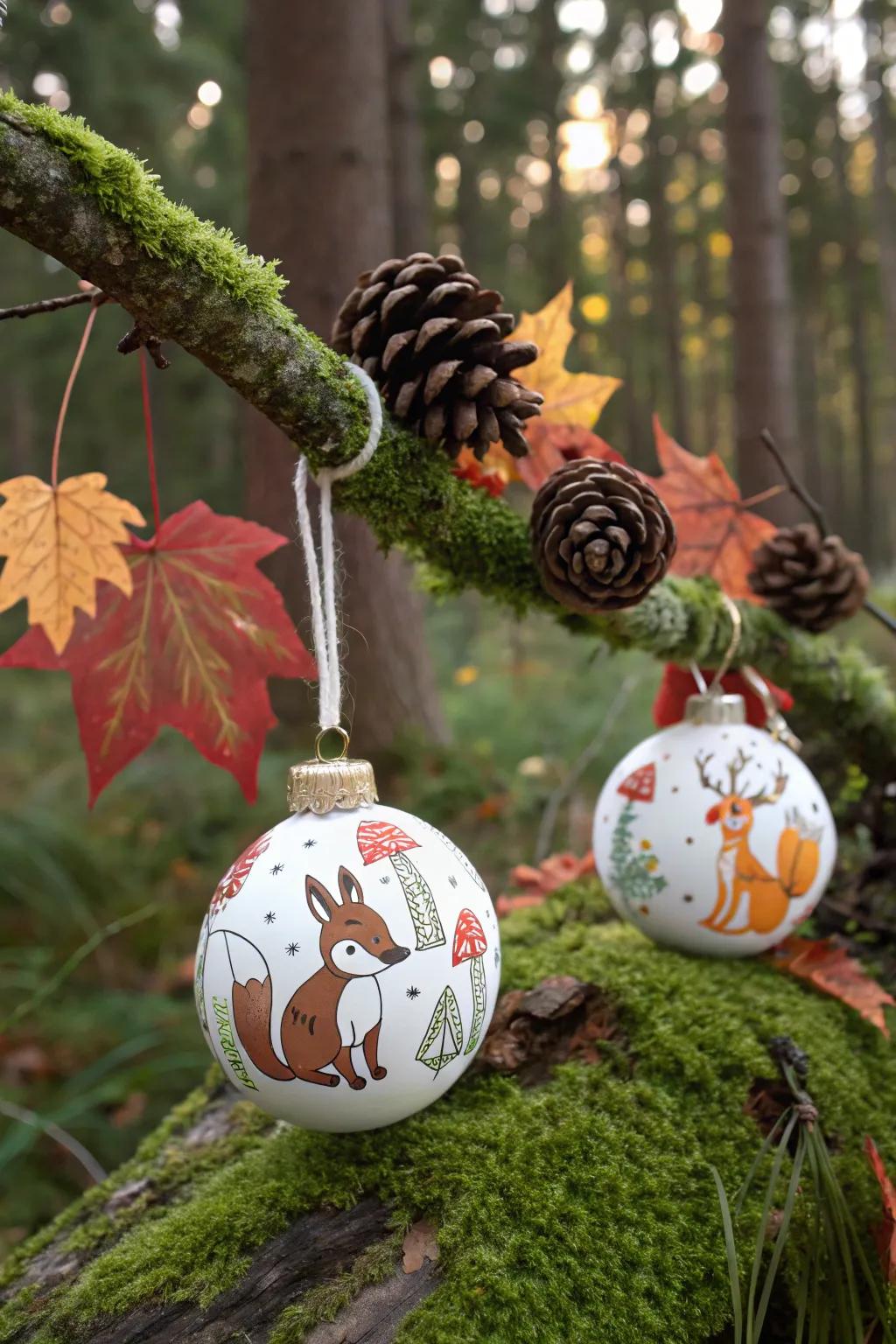 Rustic woodland animal ornaments bring a touch of nature indoors.